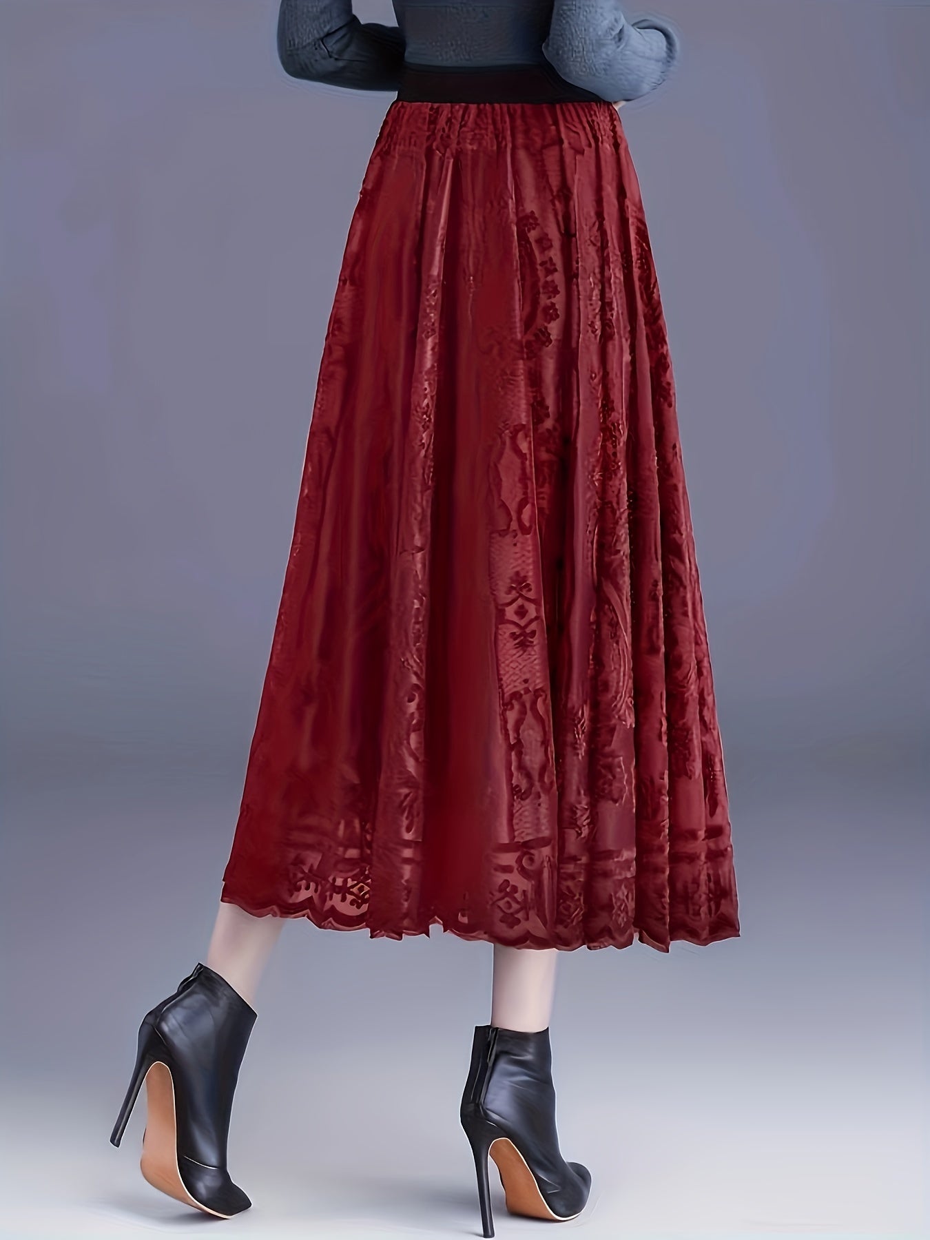 [Elegant Floral Lace Skirt] High-Waist A-Line Midi Skirt - Elegant Floral Lace, 100% Polyester Knit Fabric, Contrast Lace Detail - Women's, Spring/Fall Season