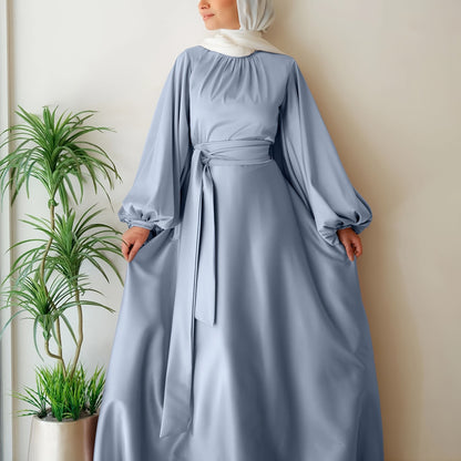 Elegant Satin Abaya with Lantern Sleeves and Belt - Long, Flowing Maxi Dress for Women, Perfect for Festivals and Special Occasions, Festival Attire|Sleek Fitted Design|Polyester Fabric