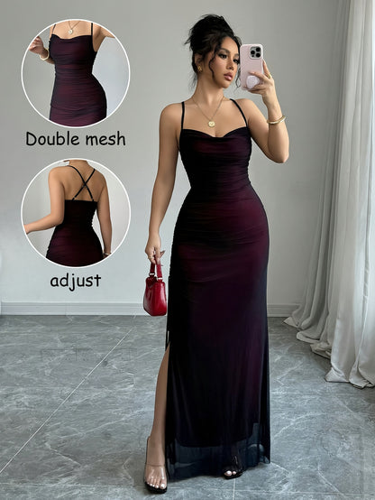[Elegant Bodycon Dress] Elegant High-Stretch Mesh Bodycon Dress | Women's Adjustable Backless Long Sleeveless Party Dress, Machine Washable All-Season Formal & Casual Wear, Versatile Fashion, Double Mesh Detail, Solid Color