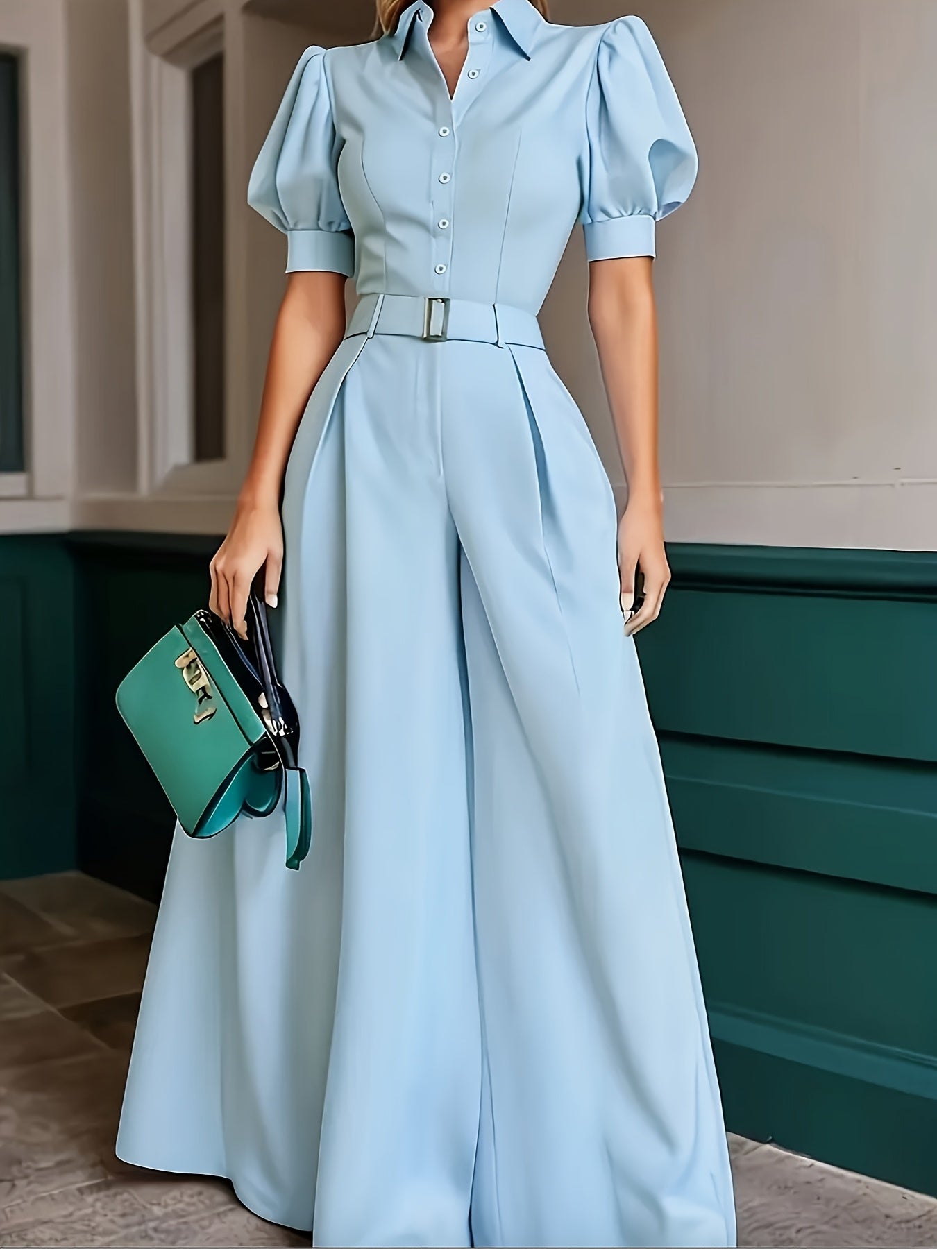 [Mint Green Jumpsuit] Mint Green Loose-Fit Jumpsuit | Women's Summer Solid Color Machine-Washable Jumpsuit for Casual & Professional Outfits, Wideleg Outfit, Nonstretch Fabric
