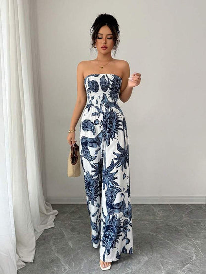 [Silklike Jumpsuit] Women's Lightweight Silklike Sleeveless Off-Shoulder Smocking Jumpsuit | Geometric Digital Print Wide-Leg Beachwear, Machine Washable Non-Stretch Fabric for Vacation & Casual Outings, Summer Outfit, Smooth