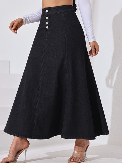 Women's Stretch Denim Midi Swing Dress with Elastic Front Buckle Closure - Streetwear Style Regular Fit Long Flowy Skirt, Machine Washable for Spring Summer Fall Casual Outfits, Seasonal Fashion, Elegant Texture