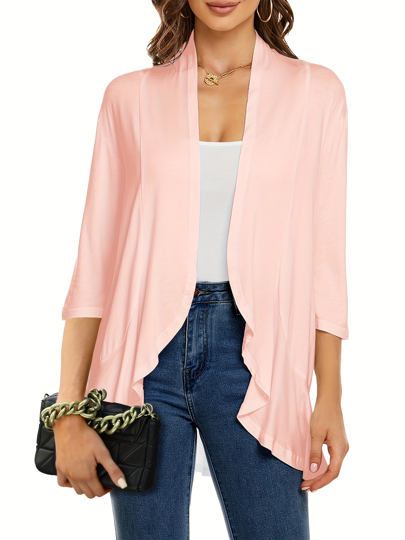 [Lightweight Ruffled Cardigan] Lightweight Women's Light Pink Ruffled Cardigan | Casual Open Front Sweater with Asymmetrical Hem, Long Sleeves, and Button Details for Fall & Winter