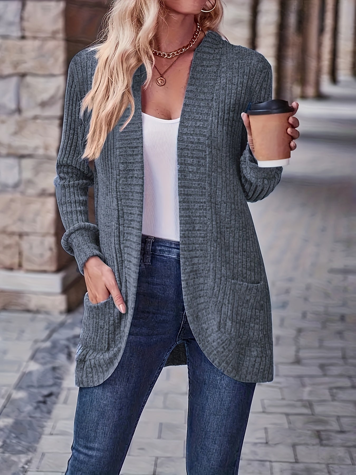 [Elegant Women's Blouse] Elegant & Chic Women's Loose Fit Long Sleeve Blouse | Open Collar Casual Top with Side Pockets, Machine Washable, Mustard-Yellow, Non-Transparent, All-Season, Medium Elasticity, Versatile, Quality Sti