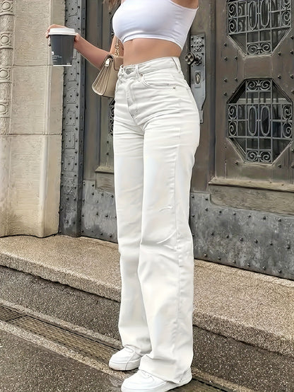 Women'S High-Waisted Straight-Leg Jeans - Stretch Denim with Pockets, Beige, Casual & Workplace Style, Mid-Rise, Flared Design, Perfect for Spring Commuting, High Waisted Jeans
