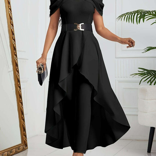Chic Cold Shoulder Jumpsuit with Flowy Overskirt - D&M Boutique
