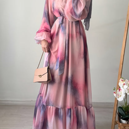 Elegant Long Dress with a Round Neck, Tie-Dye Design, And Waist Belt, Perfect for Casual Gatherings And Vacations in The Middle East for Muslim Women (Headscarf Not Included).