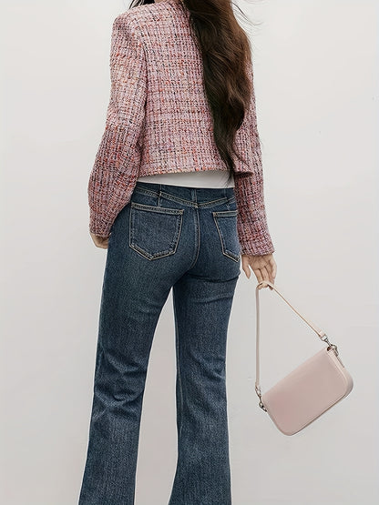 Women's Elegant Thickened Tweed Cardigan Jacket - Floral Pattern Plaid in Red, Pink, White & Brown, Loose Fit Short Length Long Sleeve Coat with Round Neck & Single-Breasted Button Front, All-Season Casual Outerwear for Every