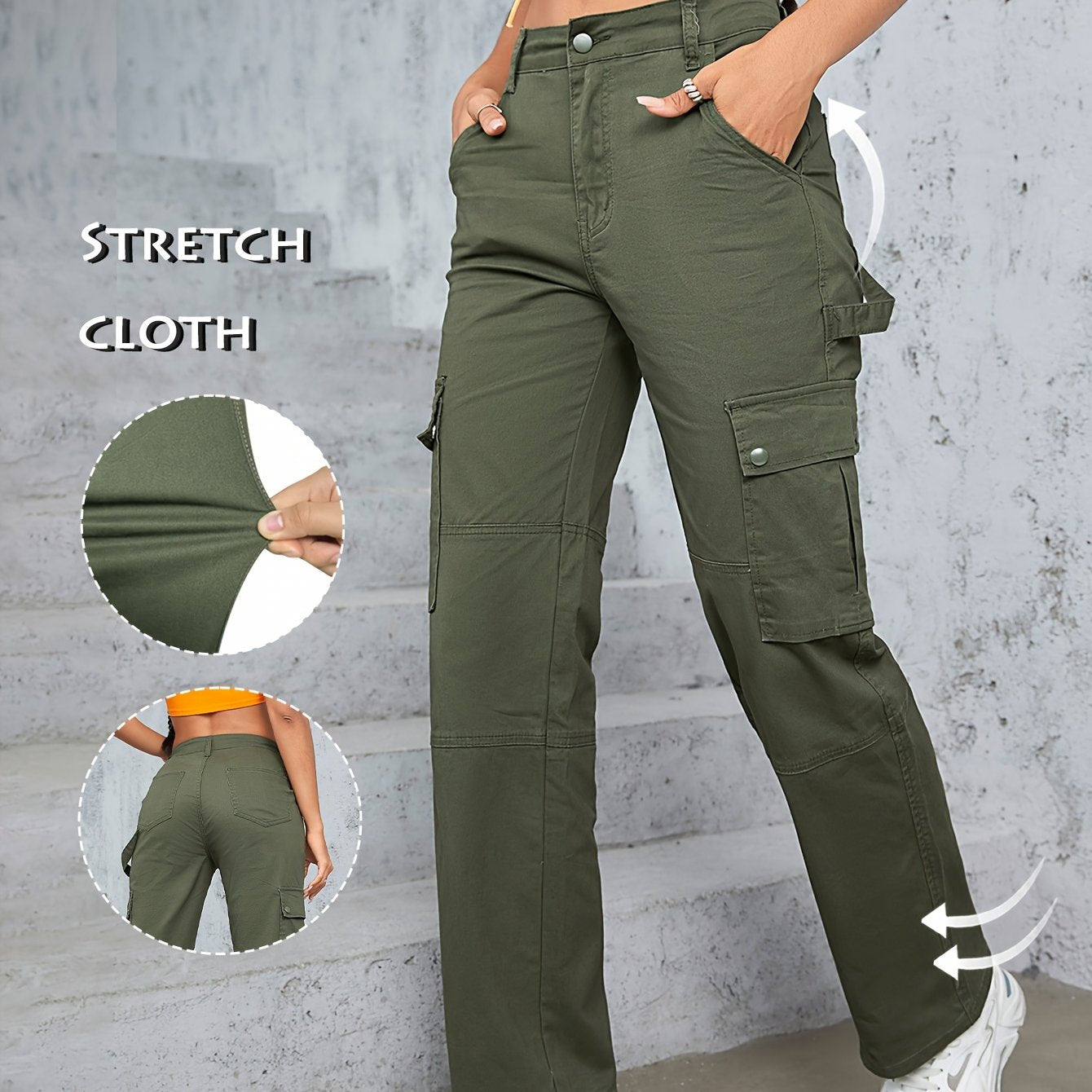 [TL812 High-Waisted Cargo Jeans] TL812 Women's High-Waisted Cargo Jeans | Stretchy Non-See-Through Olive Green Y2K Retro Streetwear Pants with Multiple Utility Pockets | Wide-Leg Fit for Concerts, Festivals, Everyday | Machin