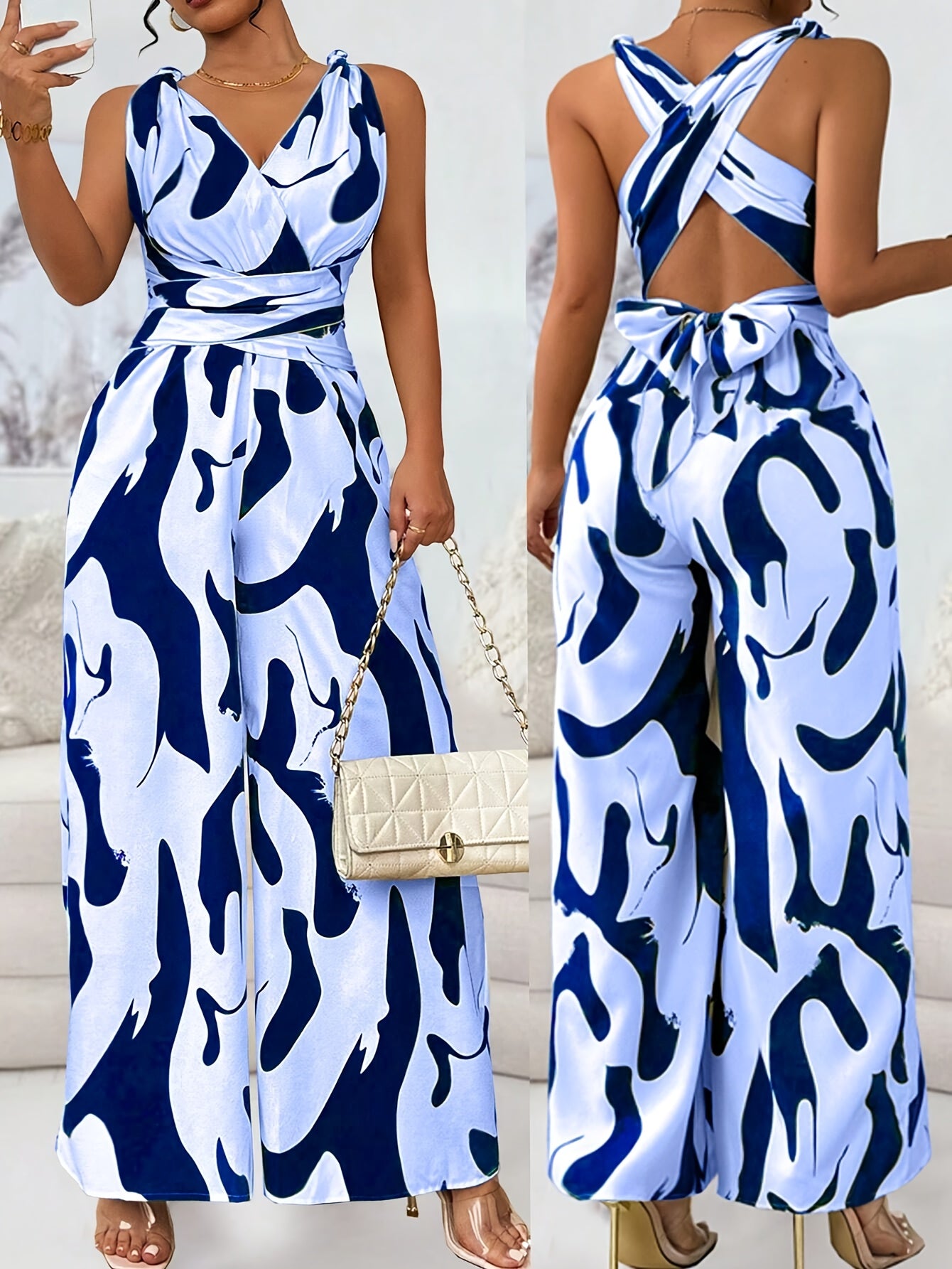 1pc Women'S Fashionable Random Print Backless Jumpsuit