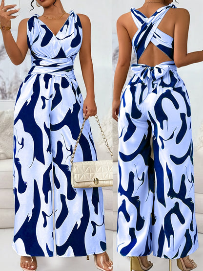 1pc Women'S Fashionable Random Print Backless Jumpsuit