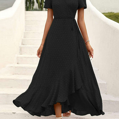 Elegant Women's Swiss Dot Surplice Neck Maxi Dress - D&M Boutique 