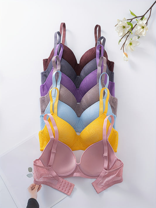 Set Of 7 Sexy Daily Push Bra Bras with Underwired Support - Comfortable Fit, Contrasting Lace, Non-Removable Padding, Machine Wash, Knitted Fabric, Solid Color, Multiple Colors - Perfect for Adult Women Looking for Everyday L