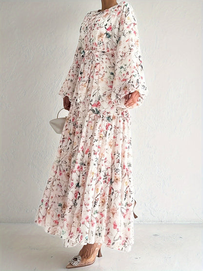 Women’s Floral Maxi Kaftan Dress – Long Sleeve, Crew Neck, Versatile