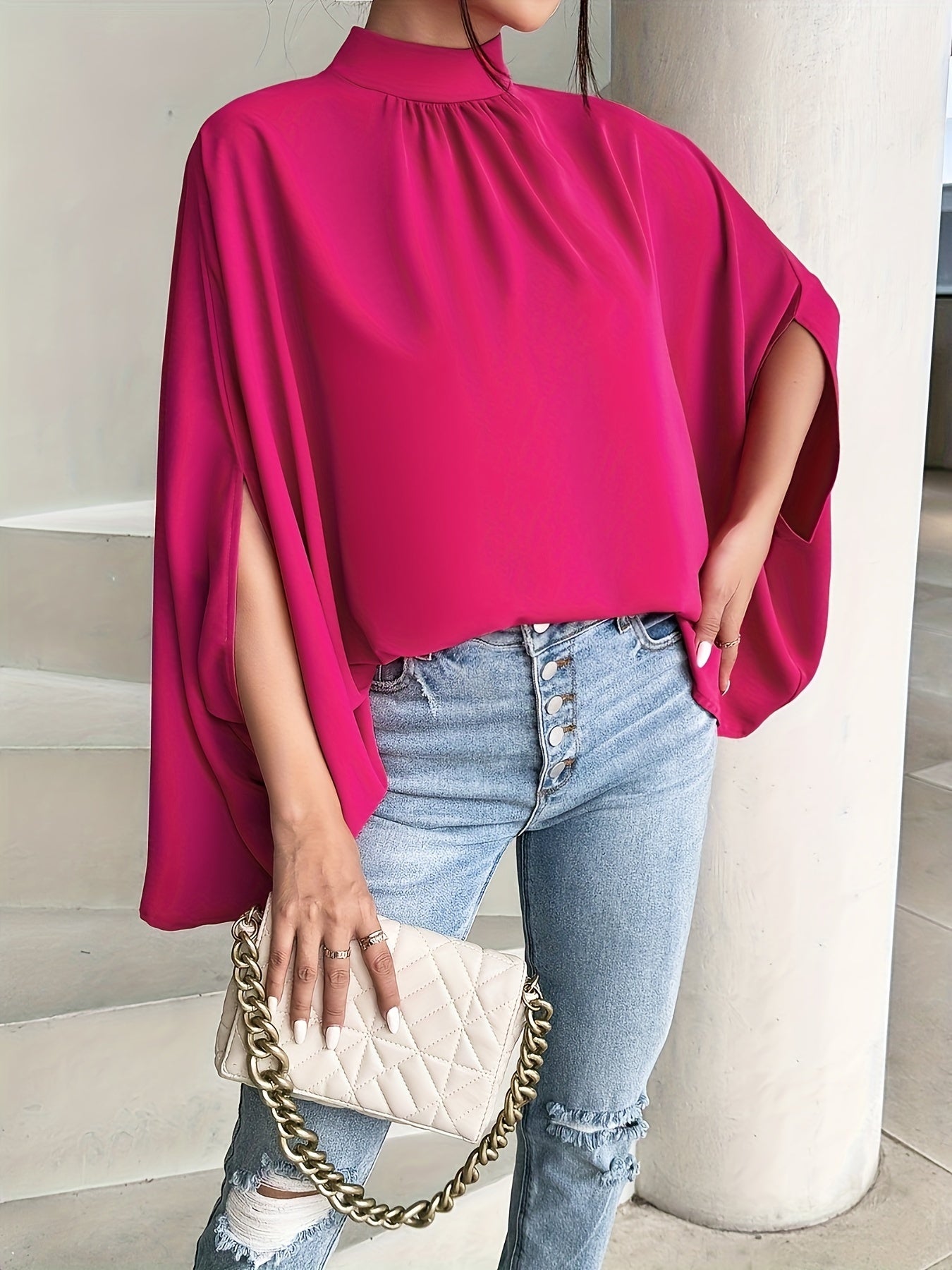 Women's Oversize Smock Neck Knot Back Batwing Sleeve Blouse Shirt Top