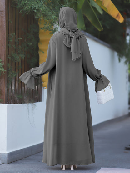 Middle Eastern Muslim Elegant Chiffon Abaya Set with Vest and Belted Outer Wrap