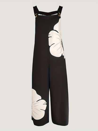 Women's Floral Print Sleeveless Jumpsuit - Thick Strap Ruched Design, Loose Fit Casual Romper with Pockets, H-Silhouette Long Length for Spring Summer Fall, Hand Wash Only, Seasonal Fashion, Flowy Material, Warm Weather Cloth