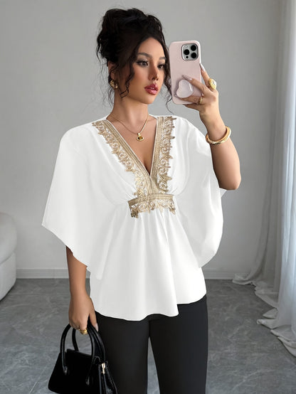 Elegant Women'S Lace Embellished Batwing Sleeve Blouse - V-Neck, Ruffle Trim, Solid Color, Cap Sleeve, Regular Length, Spring/Summer/Fall Fashion Top, Spring Summer Fashion | Vneck Blouse | Ruffle Detailing, Ladies Blouses