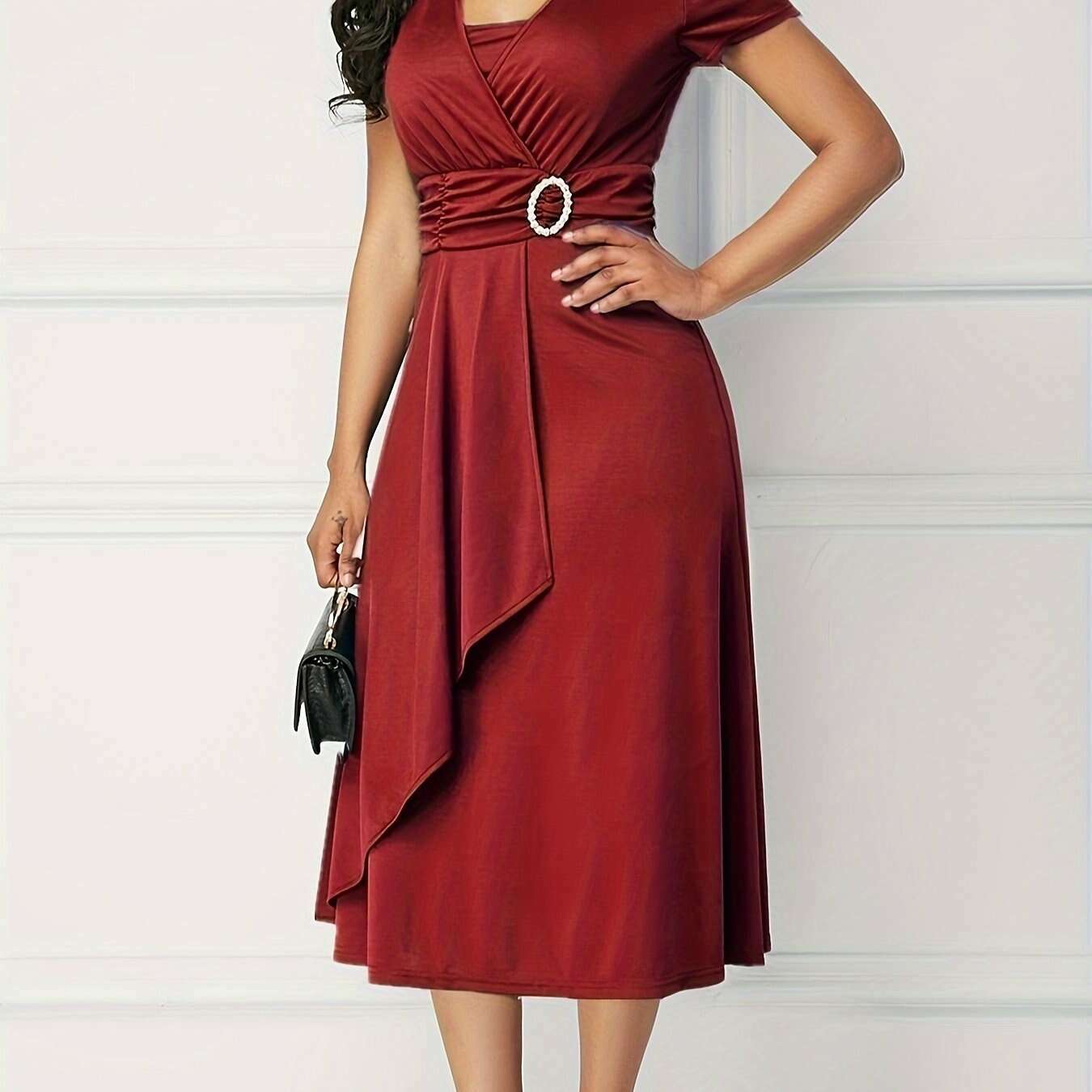 Plus Size Elegant V-Neck Belted Midi Dress with Flowy Hem