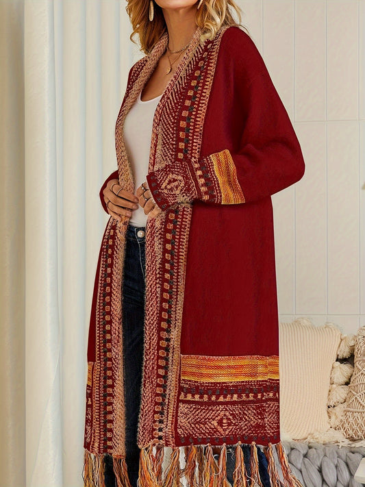 Women Boho Cardigan Sweater Long Open Front Maxi Knit Sweaters Aztec Tribal Tassel Fringe Thin Coat