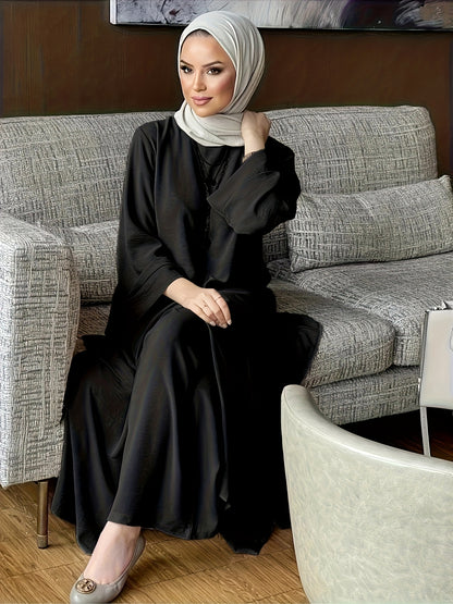 Muslim Women's Round Neck Abaya and Wide-Leg Pants Set, Middle Eastern Two-Piece Abayas with Round Neck