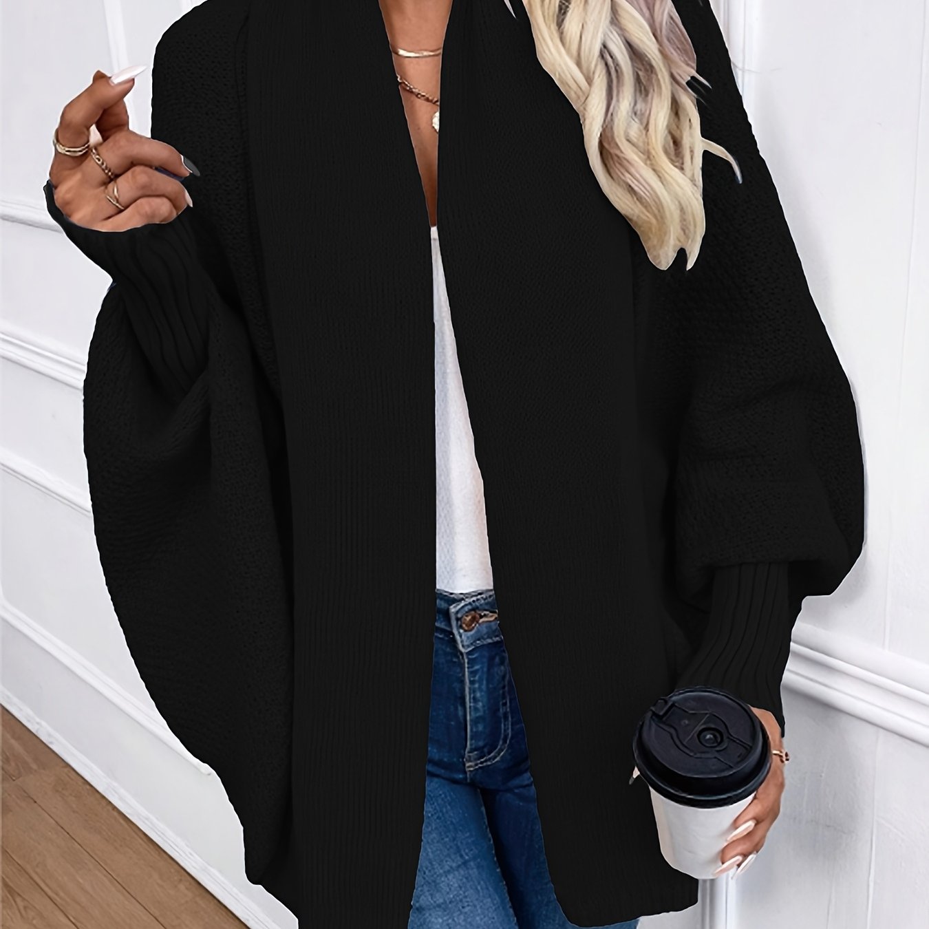 [Elegant Cardigan] Lightweight Polyester Elegant Women's Solid Color Bell Sleeve Cardigan | Contrast Collar, Perfect for Spring/Fall & Winter, Autumn Winter Fashion