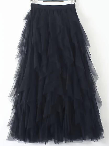 Chic Elegance, Elegant High-Waist A-Line Tulle Skirt for Women - Chic Korean-Style Spring Collection, Sheer Brown Polyester with Delicate Mesh Layers, Perfect for Summer Skirt
