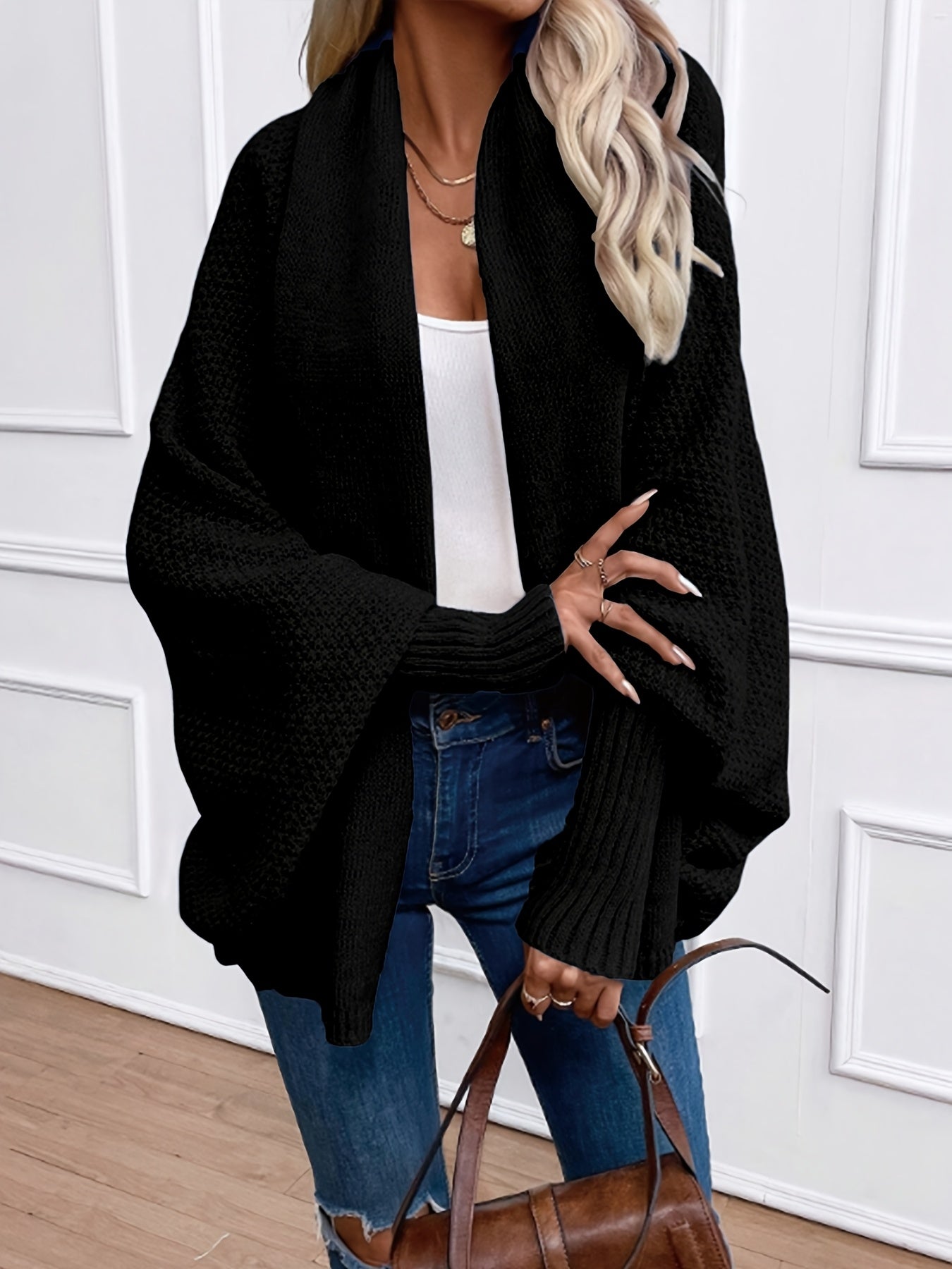 [Elegant Cardigan] Lightweight Polyester Elegant Women's Solid Color Bell Sleeve Cardigan | Contrast Collar, Perfect for Spring/Fall & Winter, Autumn Winter Fashion