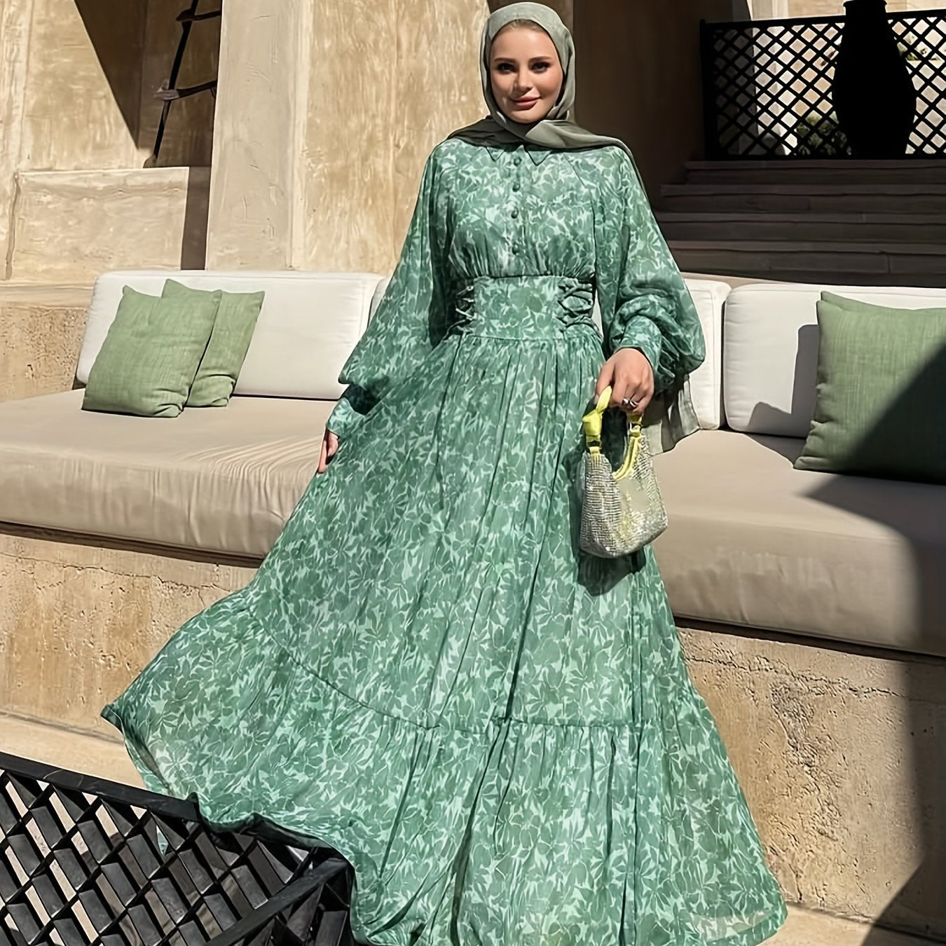 [Elegant Islamic Maxi Dress] Elegant & Modest Women's Maxi Dress - Islamic Attire with Button Front, Flowy Long Dress for Weddings, Parties, Travel - Machine Washable Muslim Wedding Gown