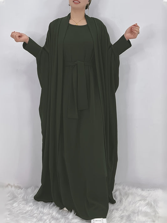 Women's Middle Eastern Muslim Solid Color Dress + Robe Jacket Two Piece Set