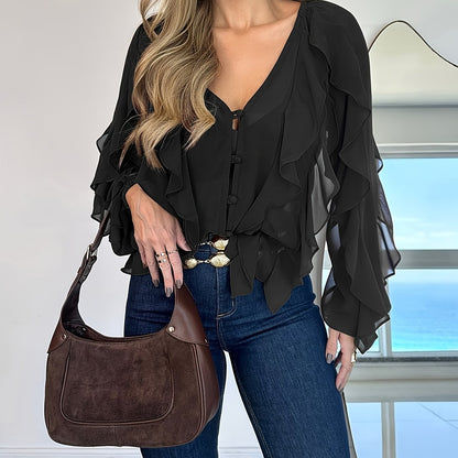 Women's Elegant V-Neck Blouse with Asymmetrical Shoulder Ruffles - Slim Fit Long Sleeve Top, Solid Color Casual Chic Shirt for Spring/Fall, Hand Wash Only, Spring Fall Attire, Ruffle Detail Top, Sophisticated Texture, Fall Wa