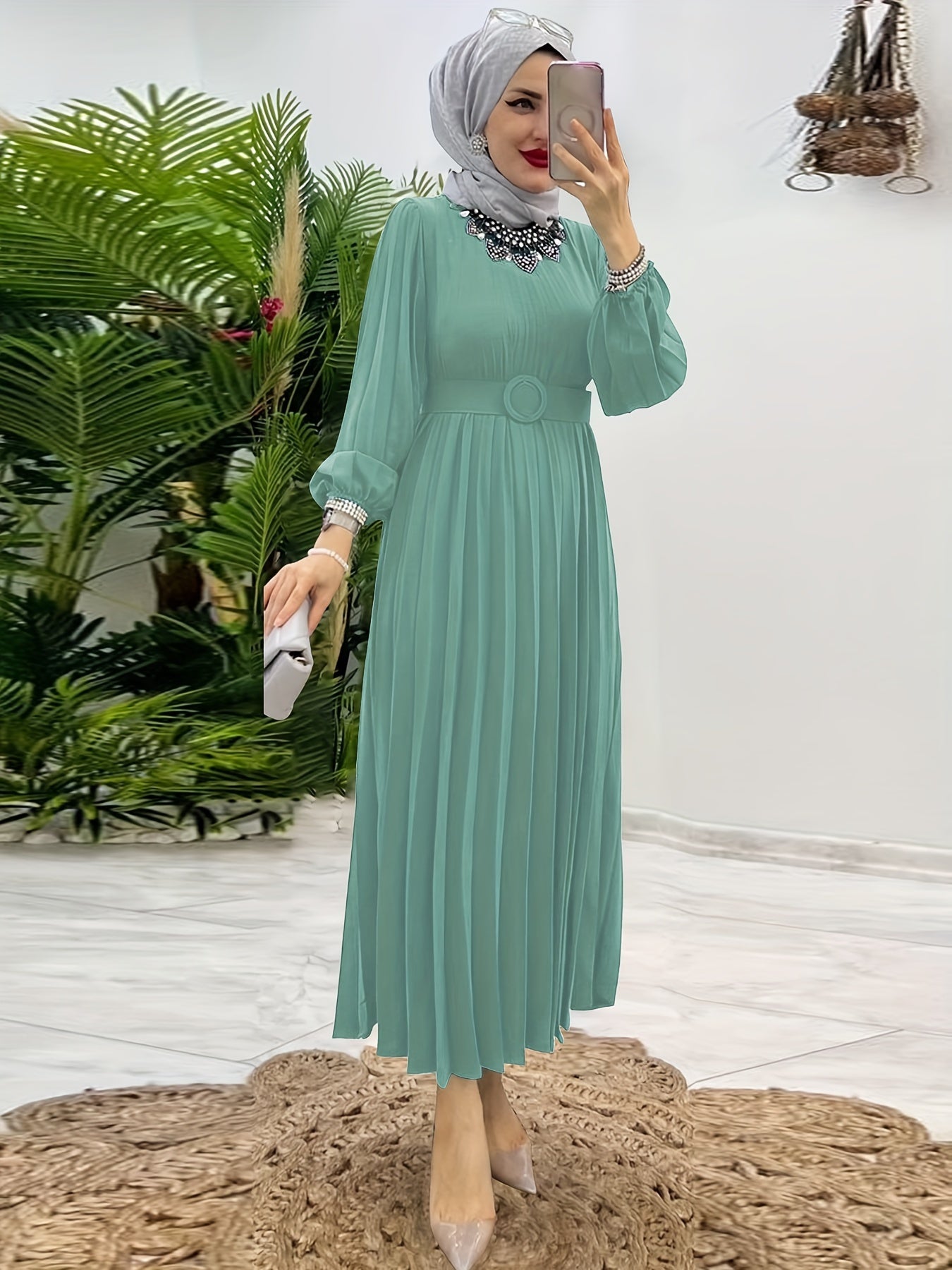 [Elegant Abaya] Elegant Mint Green Abaya | Women's Middle Eastern Modest Dress, Long Sleeve, Floor-Length, Belted Waist, Puff Sleeve, Machine Washable, Traditional, Solid Color, No Stretch Fabric, Casual & Formal Occasions