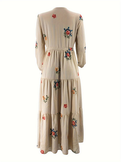 Ramadan Floral Pattern Abaya Dress, Elegant Button Front Long Sleeve Maxi Dress, Women's Clothing