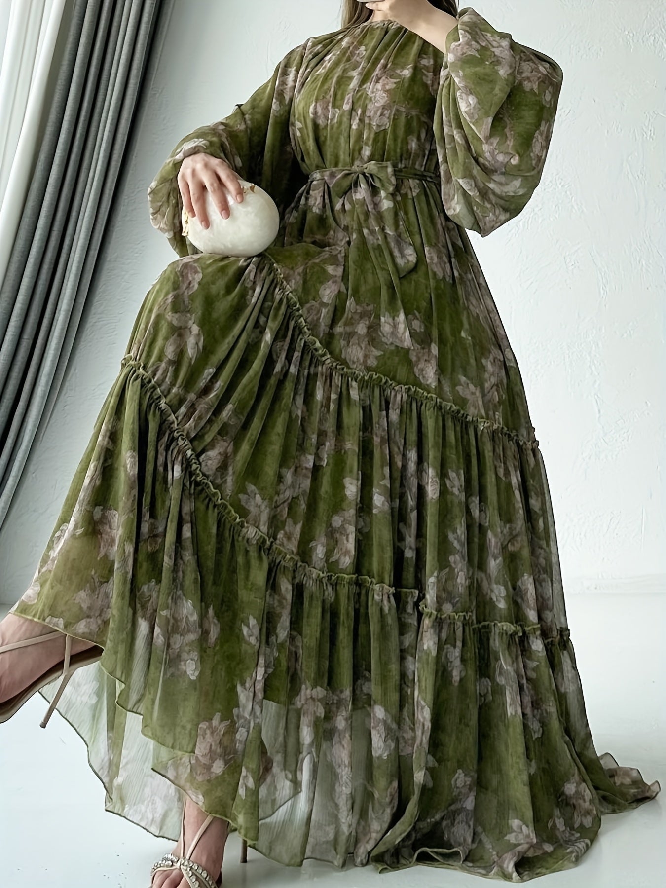 Women'S Elegant Black Floral Print Maxi Dress with Belt - Perfect for All Seasons, All-Season Dress | Floral Print Dress | Ruffled Hemline, Dress