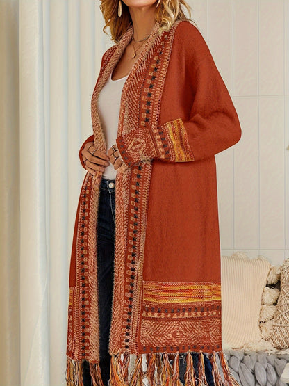 Women Boho Cardigan Sweater Long Open Front Maxi Knit Sweaters Aztec Tribal Tassel Fringe Thin Coat