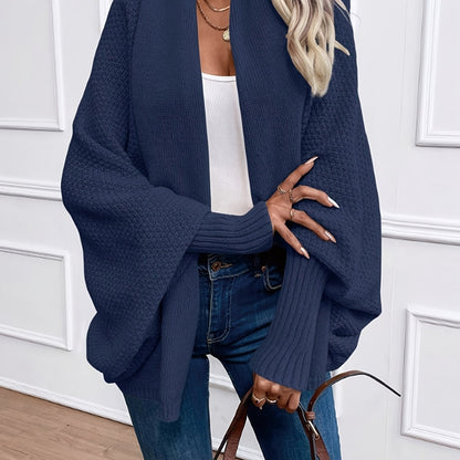 [Elegant Cardigan] Lightweight Polyester Elegant Women's Solid Color Bell Sleeve Cardigan | Contrast Collar, Perfect for Spring/Fall & Winter, Autumn Winter Fashion