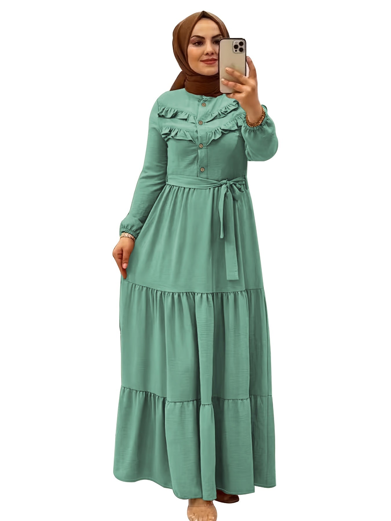 [Light Green Maxi Dress] Casual Light Green Polyester Maxi Dress - Elegant Solid Color with Ruffle Hem & Button Detail, Machine Washable - Hijab Not Included