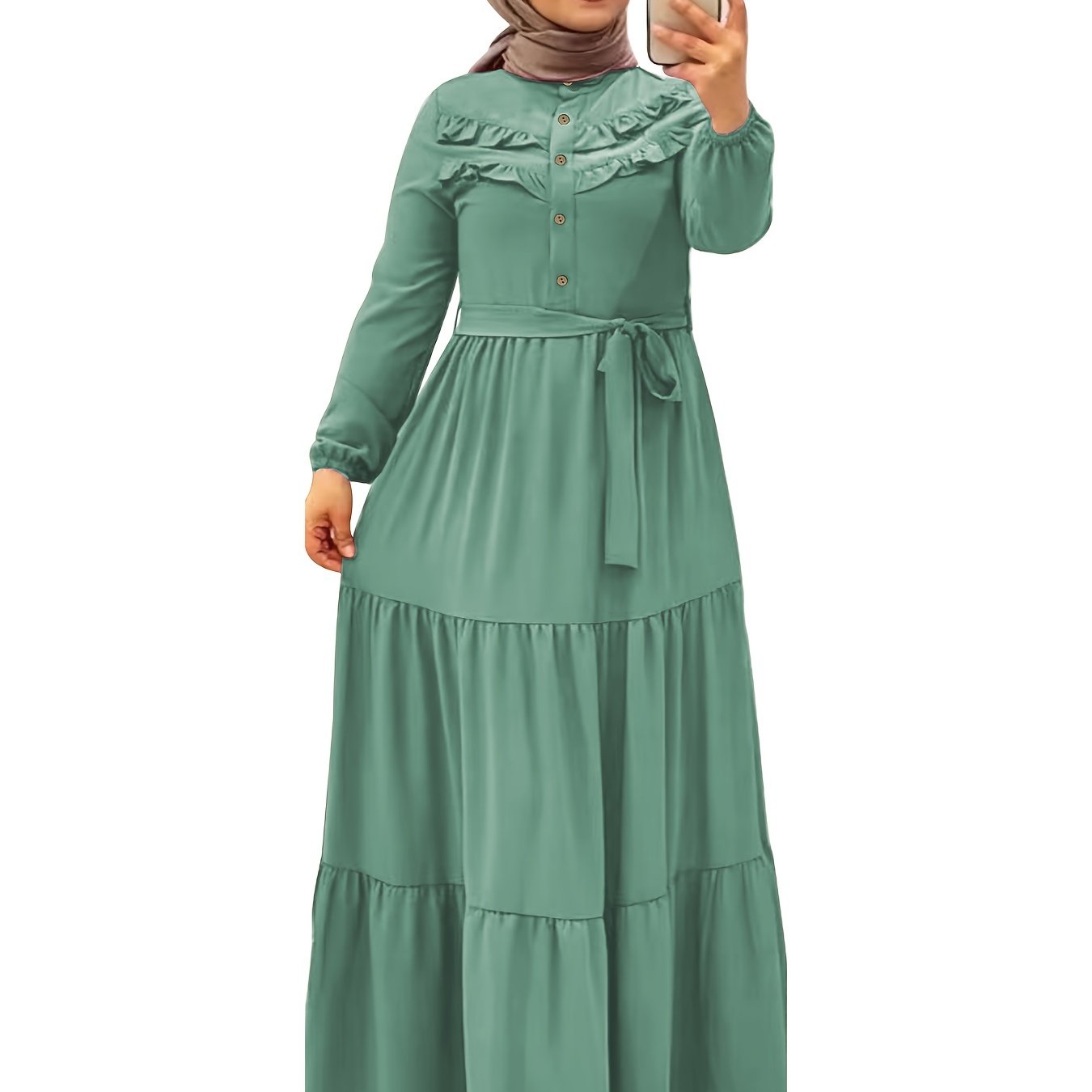 [Light Green Maxi Dress] Casual Light Green Polyester Maxi Dress - Elegant Solid Color with Ruffle Hem & Button Detail, Machine Washable - Hijab Not Included