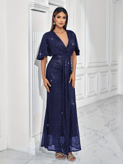 Sparkling V-neck Waist Cinched Dress