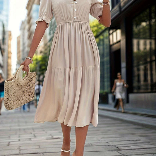 Women's Solid V-Neck Button Front Ruffle Hem Dress - D&M Boutique 