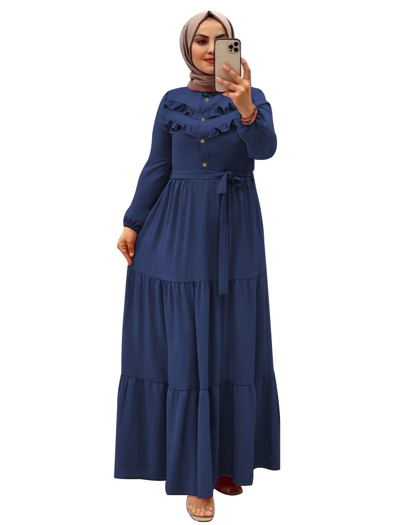 [Light Green Maxi Dress] Casual Light Green Polyester Maxi Dress - Elegant Solid Color with Ruffle Hem & Button Detail, Machine Washable - Hijab Not Included