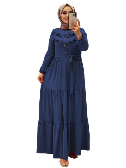 [Light Green Maxi Dress] Casual Light Green Polyester Maxi Dress - Elegant Solid Color with Ruffle Hem & Button Detail, Machine Washable - Hijab Not Included