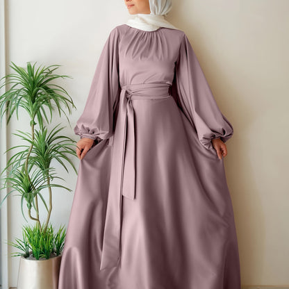 Elegant Satin Abaya with Lantern Sleeves and Belt - Long, Flowing Maxi Dress for Women, Perfect for Festivals and Special Occasions, Festival Attire|Sleek Fitted Design|Polyester Fabric