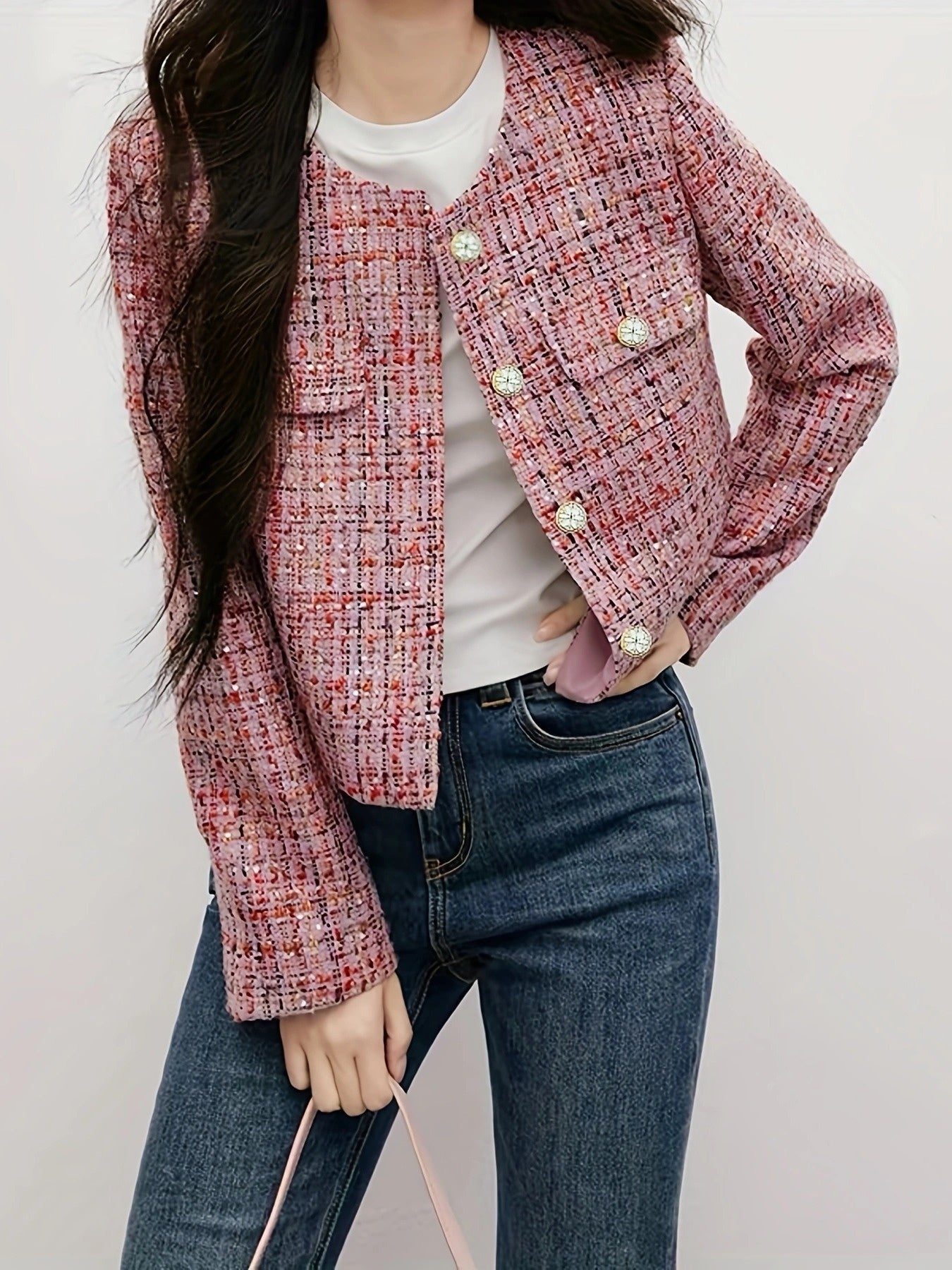 Women's Elegant Thickened Tweed Cardigan Jacket - Floral Pattern Plaid in Red, Pink, White & Brown, Loose Fit Short Length Long Sleeve Coat with Round Neck & Single-Breasted Button Front, All-Season Casual Outerwear for Every