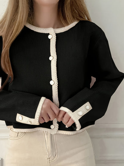 Women'S Elegant Cardigan - Black & Beige Two-Tone Sweater, Long Sleeve Open Front Button Closure, Fall/Winter Layering Piece for Casual Formal Outfits - Women'S Chic Sweater, Cardigan Sweater, Winter Fashion, Stylish Knitwear