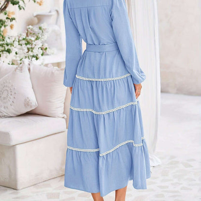 Women'S Spring Casual Dress Loose Drawstring Lantern Sleeve Long Sleeve Tier Dress With Pockets