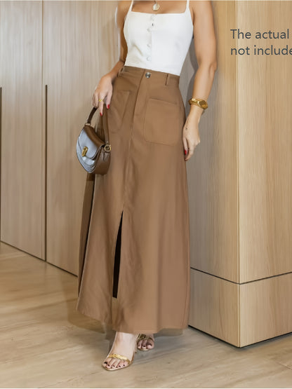Solid Color Women's High-Waisted A-Line Skirt - No Belt Needed, with Pockets, Machine Washable Non-Stretch Fabric for Spring Summer Fall, Office & Casual Wear