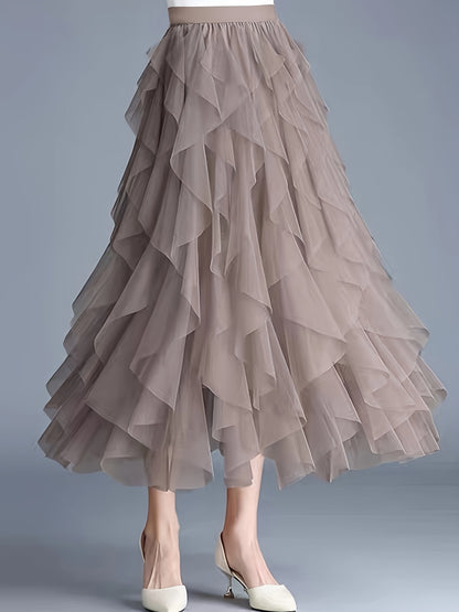 Chic Elegance, Elegant High-Waist A-Line Tulle Skirt for Women - Chic Korean-Style Spring Collection, Sheer Brown Polyester with Delicate Mesh Layers, Perfect for Summer Skirt