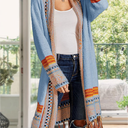 Women Boho Cardigan Sweater Long Open Front Maxi Knit Sweaters Aztec Tribal Tassel Fringe Thin Coat