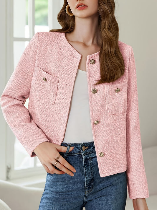 [Office Ready] Women's Elegant Purple Tweed Jacket - Long Sleeve Button Cropped Blazer with Pockets, Soft Polyester Fabric, Perfect for Fall/Winter Business Casual Style, Business Casual Wear | Buttonup Jacket | Textured Twee